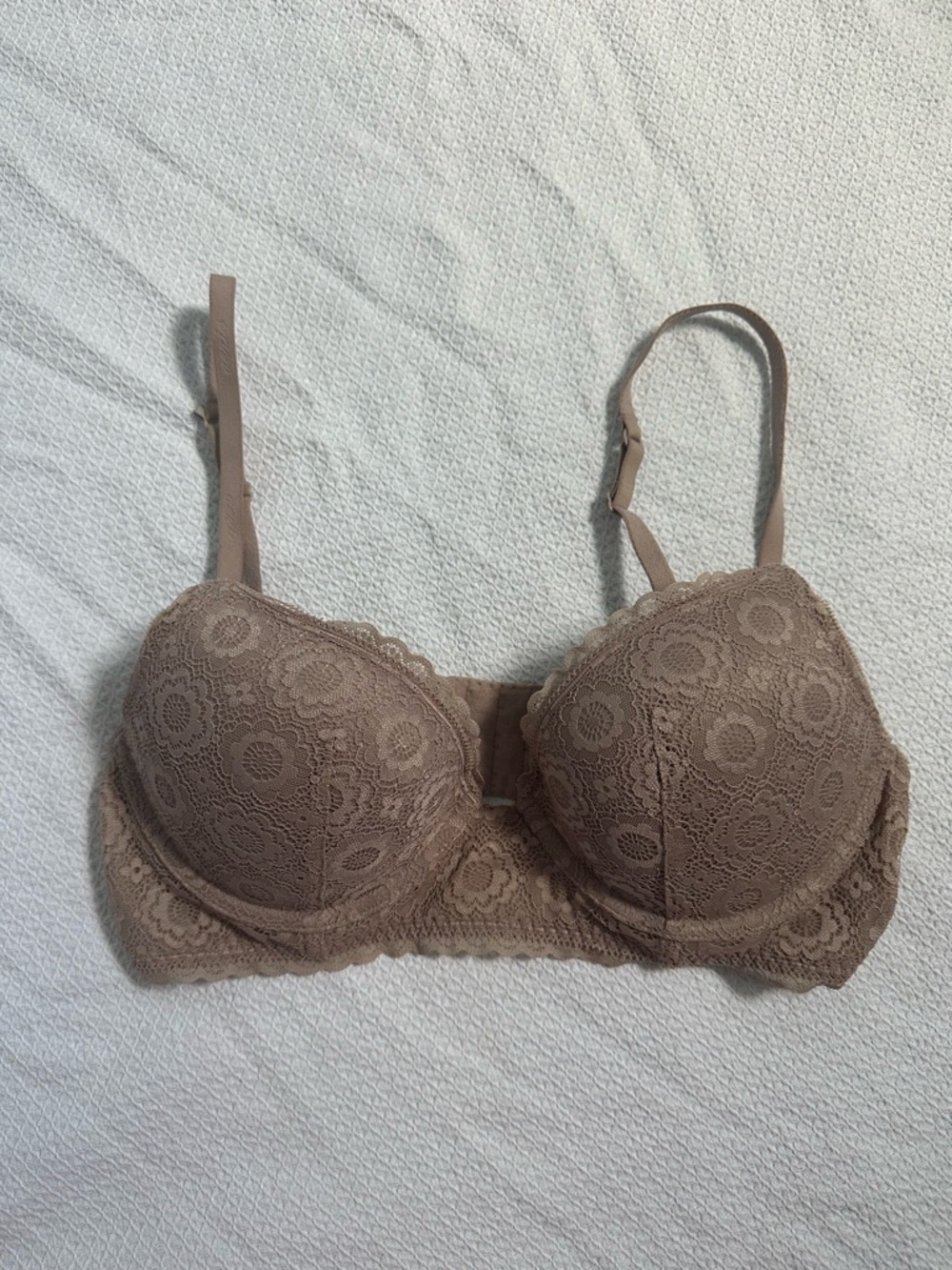Aerie Real Happy Plunge Lace Bra 34C Nude Taupe Push Up Romantic